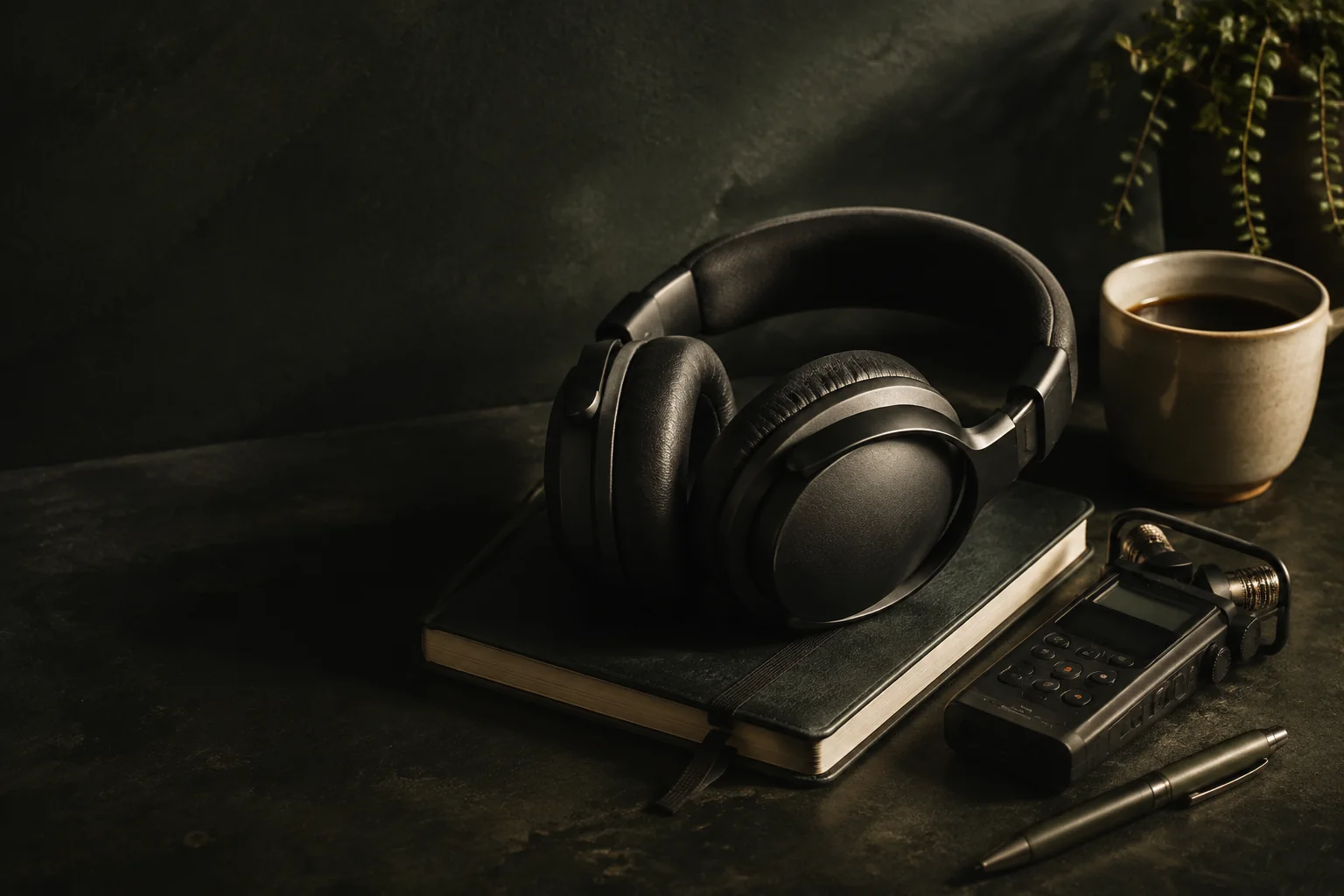 Headphones, a notebook, and a recorder on a quiet studio desk